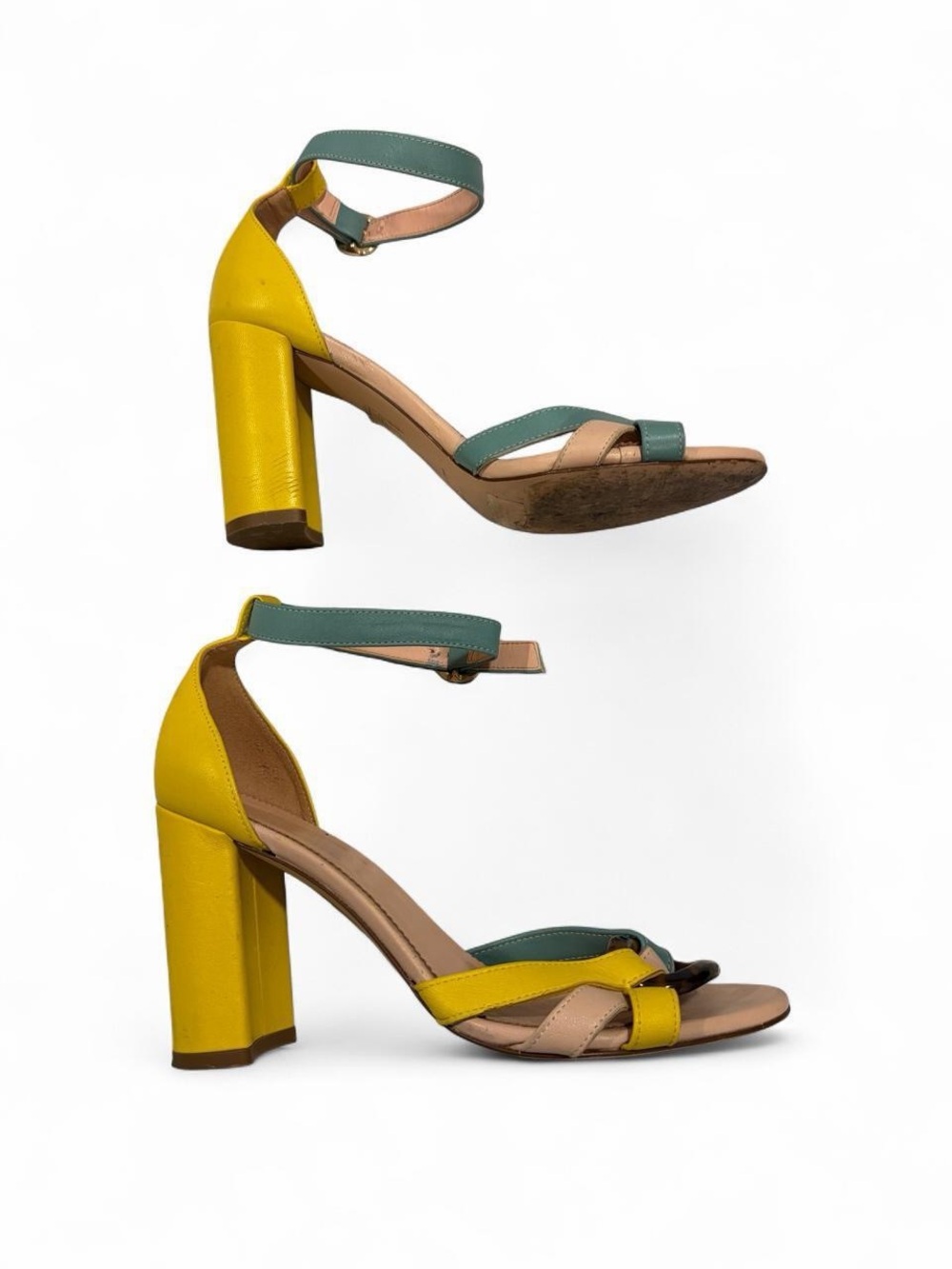 Colorblock Ankle-Strap Block Heel Sandals - Yellow & Teal